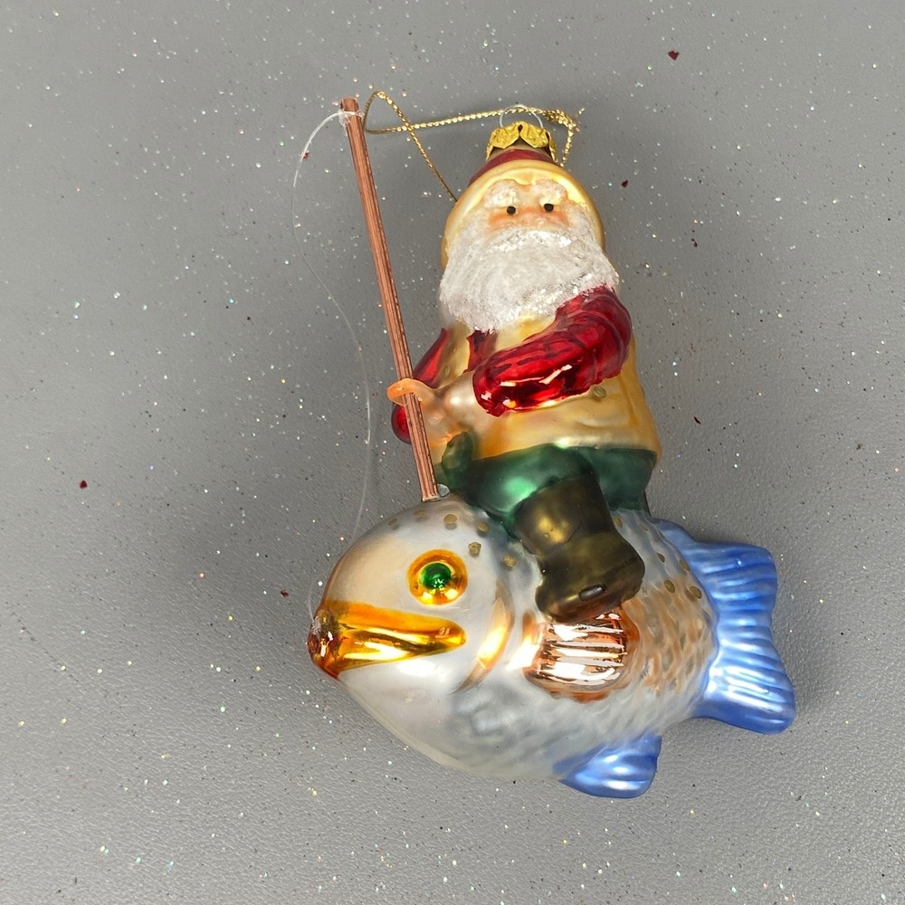 Old World Christmas Santa Riding Fish Blown Glass Fishing Holiday Ornament